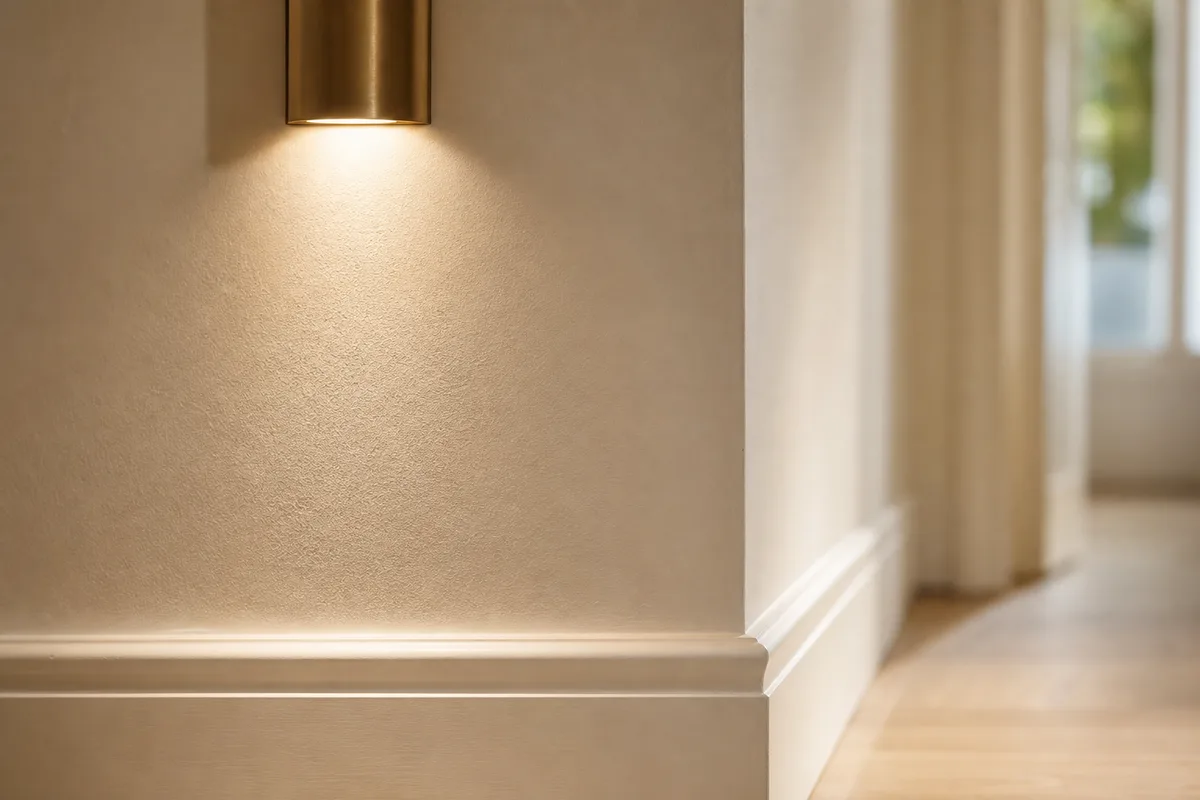 Couloir étroit peint dans un blanc cassé satiné, lumière rasante sur les murs