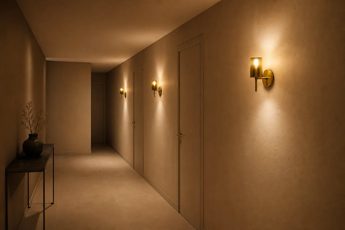 Appliques murales rythmant les deux parois d un couloir long, lumière chaude