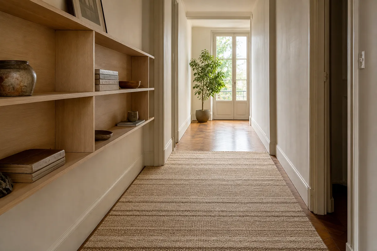 Couloir avec tapis long et bibliothèque étroite créant une rupture visuelle