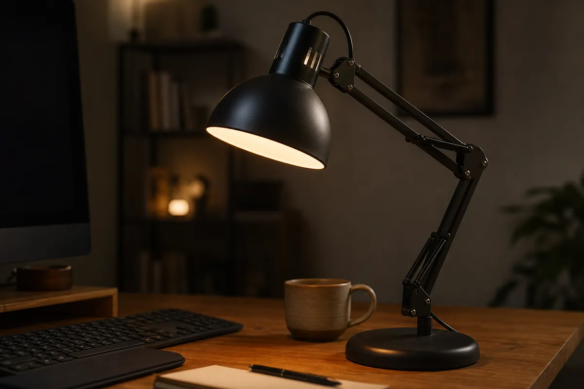 Lampe de bureau orientable diffusant une lumière chaude en fin de journée