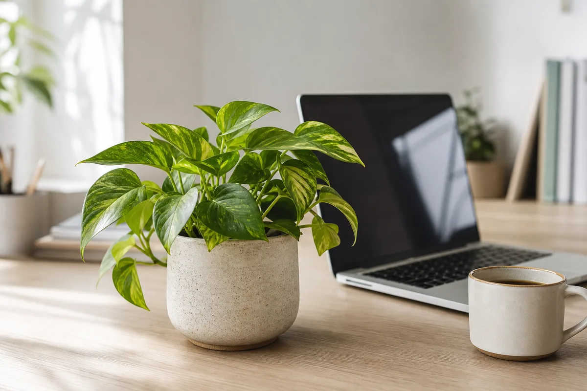 Petite plante verte posée sur un bureau en bois clair à côté d’un ordinateur portable