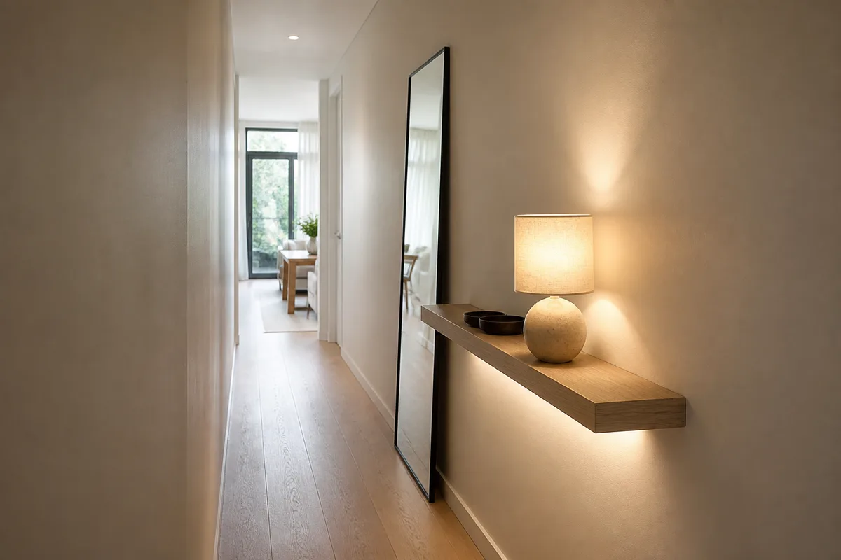 Entrée de maison lumineuse avec console murale étroite et miroir vertical