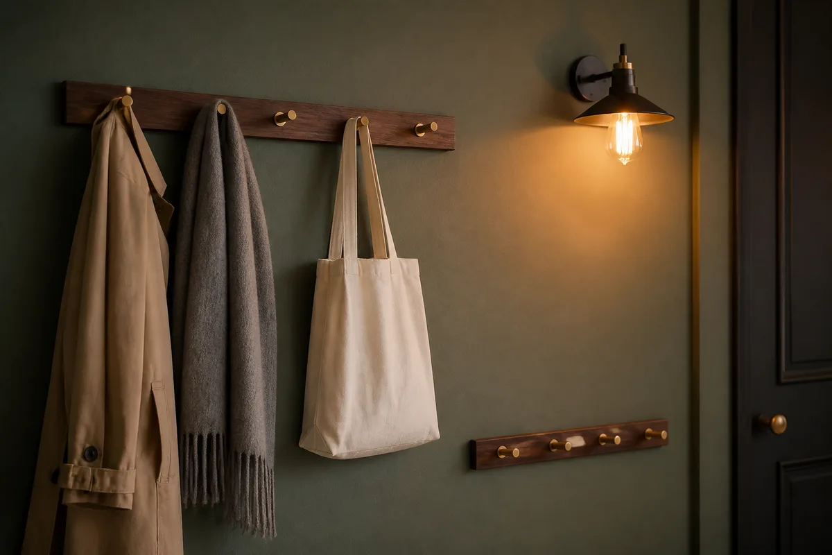 Détail d&rsquo;un mur d&rsquo;entrée avec patères en bois et applique murale à lumière chaude