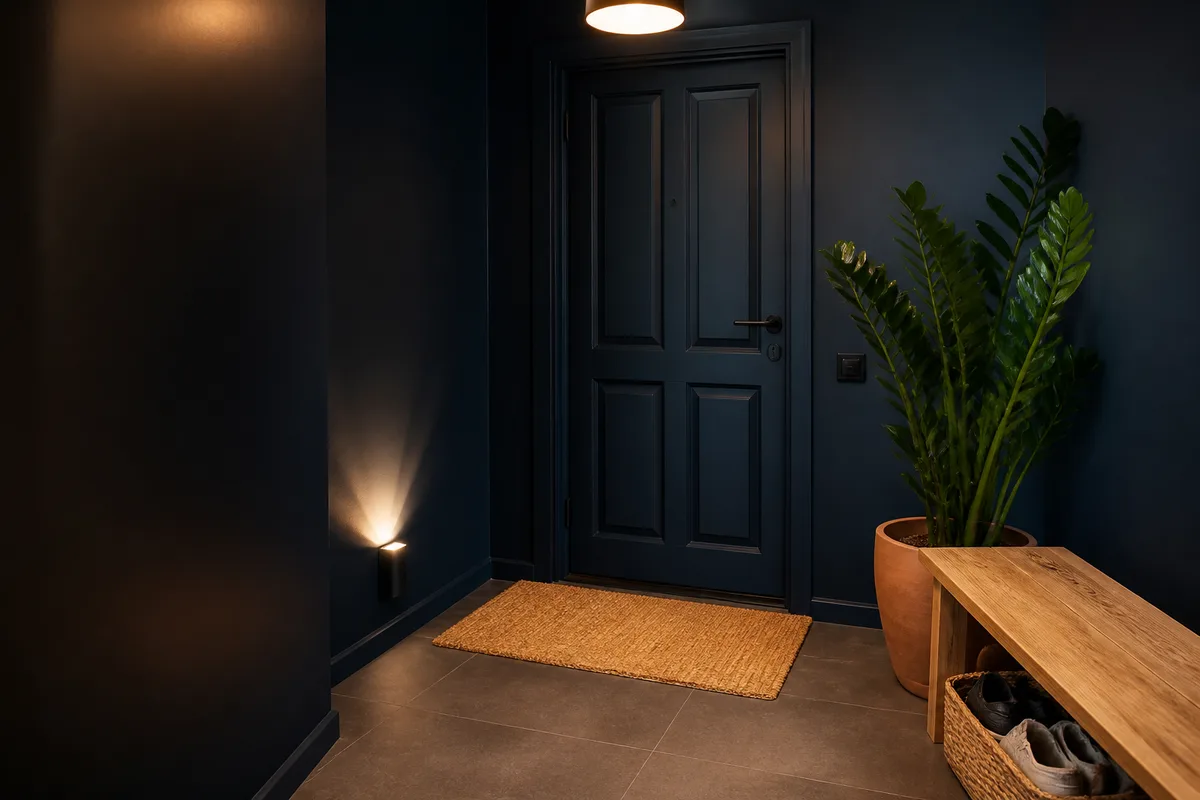 Entrée sombre élégante avec paillasson long, plante verte et sol en grès cérame